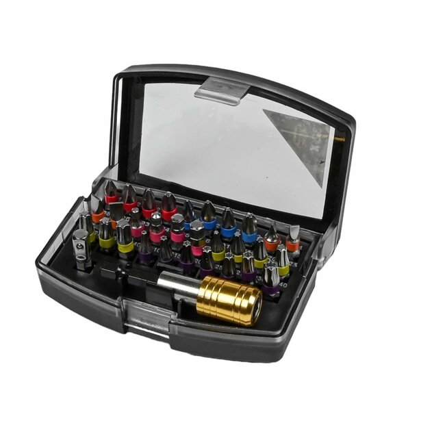 Benson Universele schroefbitset - PH, PZ, Inbus & Torx - 32-delig - Kleurcodering - Magnetische bithouder - Opbergbox met riemclip