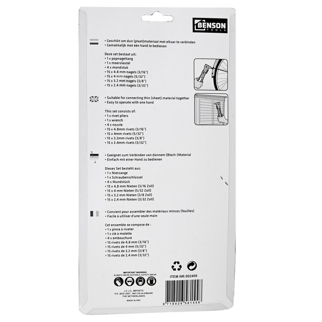 Benson Popnageltang set - Inclusief 60 popnagels - Lichtgewicht - Eenvoudig te bedienen - Voor DIY projecten