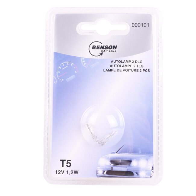 Benson Warm wit autolampje - 12V - 1.2W - T5 type - 2 stuks