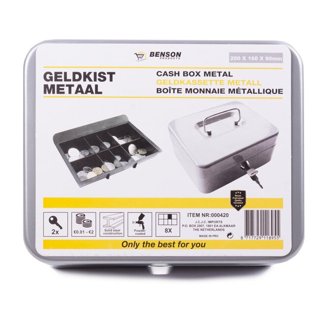 Benson Metalen geldkistje - uitneembare lade - slot met twee sleutels - 200 x 160 x 90 mm
