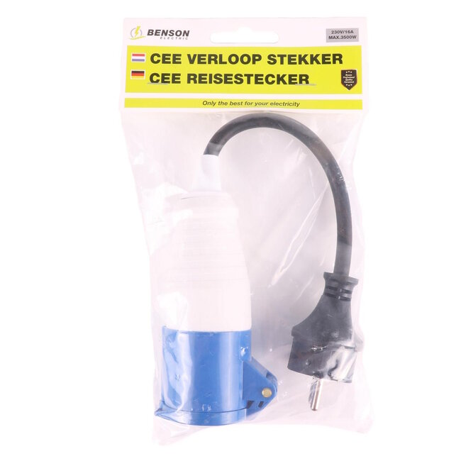 Benson Verloopkabel Schuko naar CEE - Spatwaterdicht - 395 mm - Neopreen - 230V