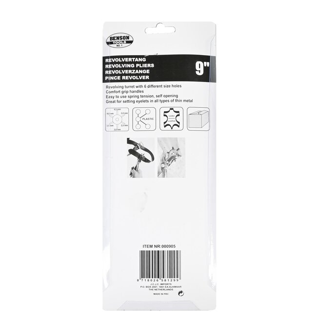 Benson Revolvertang - Gaatjestang - 6 maten - Vergrendeling - 22 cm - Voor leer, textiel en kunststof