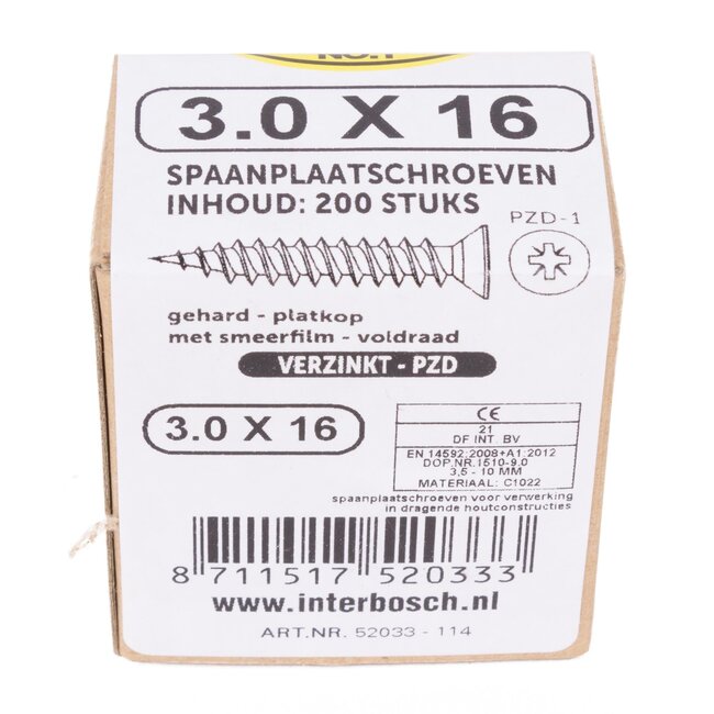Benson Verzinkte spaanplaatschroeven - platkop - pozidrive - 3.0 x 16 mm - 200 stuks