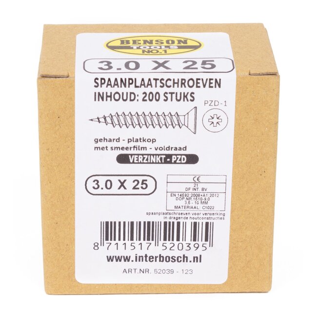 Benson Verzinkte spaanplaatschroeven - platkop - pozidrive - 3.0 x 25 mm - 200 stuks