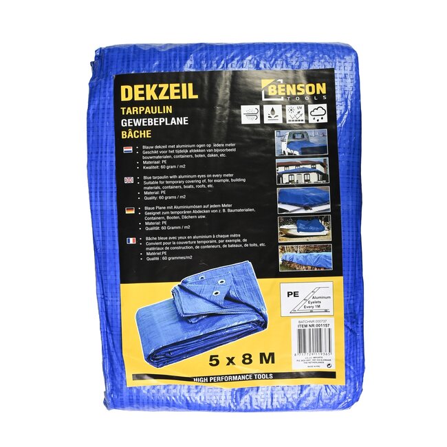Benson Afdekzeil - Polyethyleen - 5 x 8 meter - Blauw - Versterkte zomen - Waterdicht