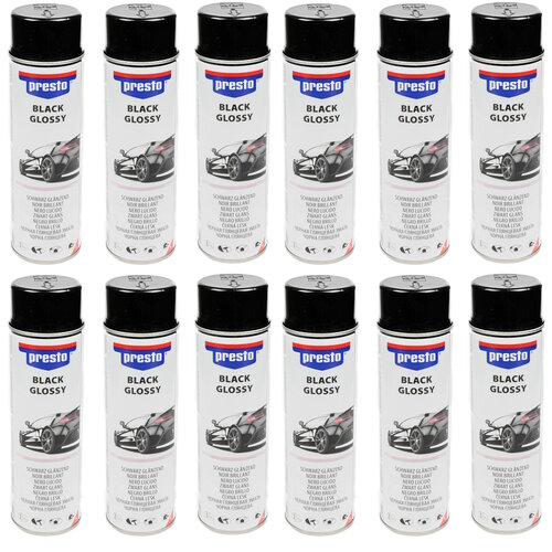 Presto Verf Spuitbus - Spuitlak - Lak Zwart Glans - 500 ml - 12 stuks Presto Verf Spuitbus - Spuitlak - Lak Zwart Glans - 500 ml - 12 stuks