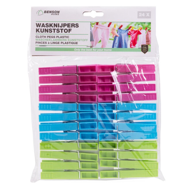 Benson Kunststof wasknijpers - ribbels - stevige slagveer - hippe kleuren - 24 stuks