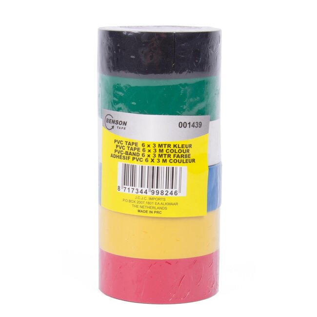 Benson PVC isolatietape - 6 kleuren - 3 meter x 18 mm - flexibel en sterk