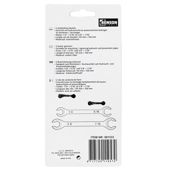 Benson Remleidingsleutel set - 2-delig - 6-kantige open ringsleutels - hoogglans verchroomd - inch maten