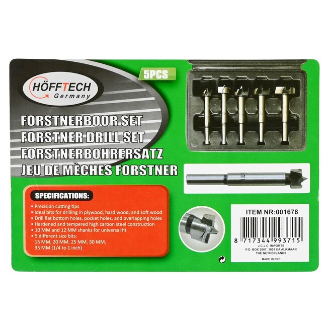 Hofftech Forstnerboor set - 5 delig - Voor strakke en splintervrije gaten - Inclusief opbergkoffer