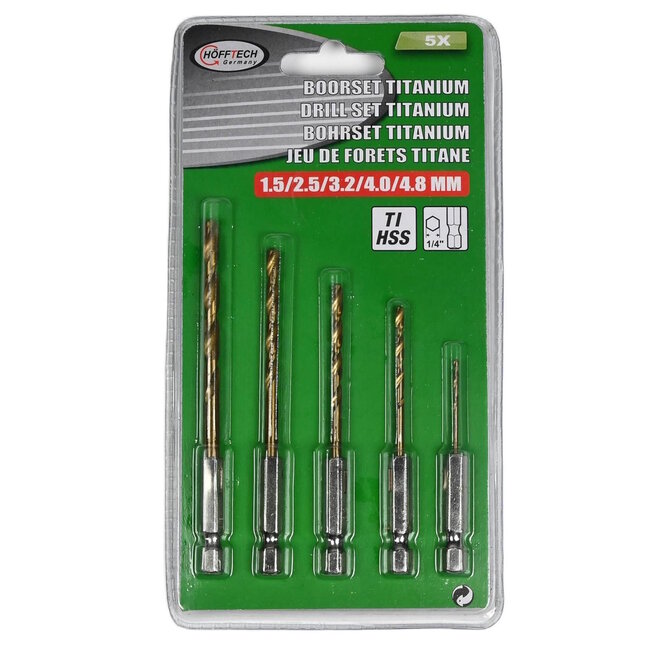 Hofftech 5-delige titanium boorset - duurzaam en compact - maten 1.5 t/m 4.8 mm