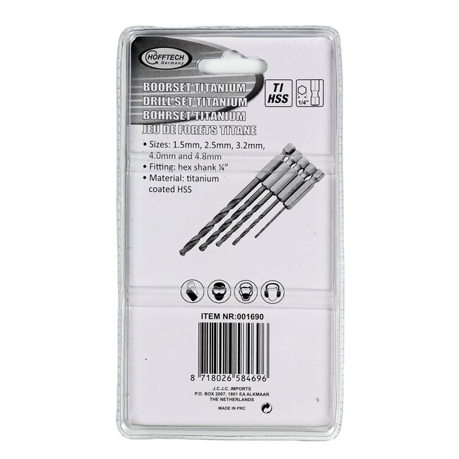 Hofftech 5-delige titanium boorset - duurzaam en compact - maten 1.5 t/m 4.8 mm