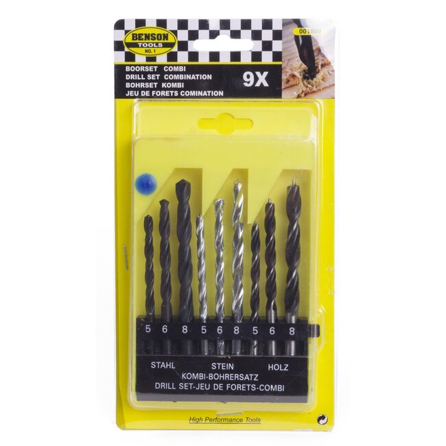 Benson 9-delige borenset - hout, steen en metaal - verschillende diameters - kunststof cassette