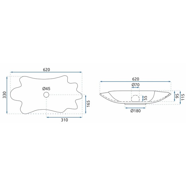 REA Oestervormige opzetwastafel - zwart/goud - keramiek - 63x33x11,5 cm
