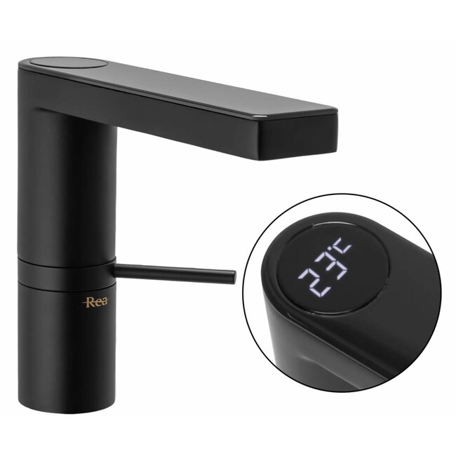 REA Laag model wastafelkraan - mat zwart - met temperatuursensor - messing - 145 mm hoogte