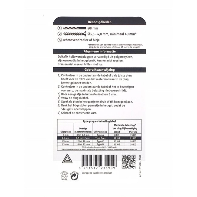 Deltafix Sterke hollewandplug - type B/ES - 9.5-12 mm - 6 stuks - hersluitbare verpakking