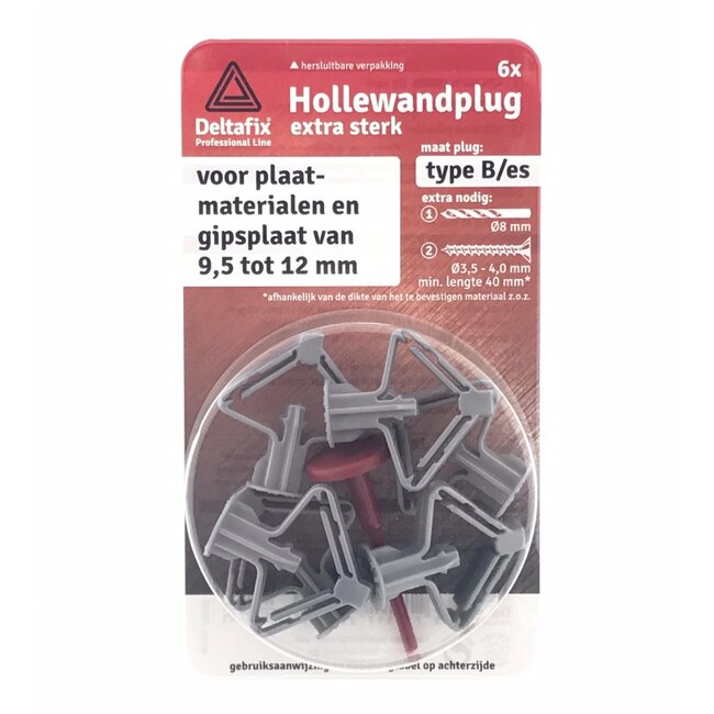Deltafix Sterke hollewandplug - type B/ES - 9.5-12 mm - 6 stuks - hersluitbare verpakking