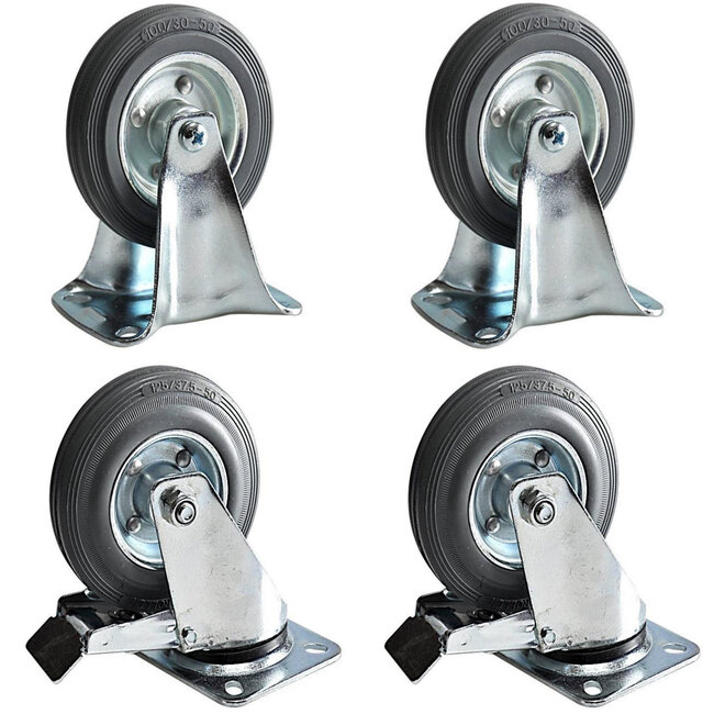Benson Set van 4 transportwielen - 100 mm - zwenkwiel met rem en bokwiel - rubberen band - stalen velg