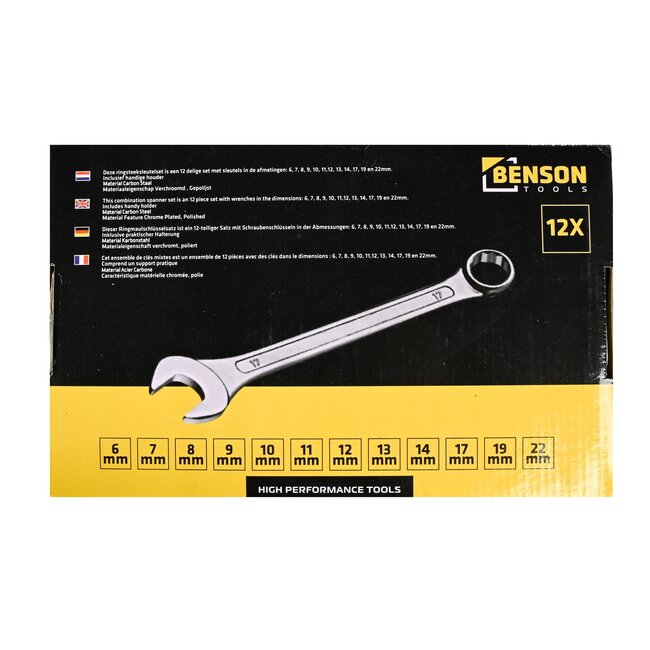 Benson 12-delige ring- en steeksleutelset - 6 tot 22 mm - 12-hoekige bekken - Hoogwaardig materiaal