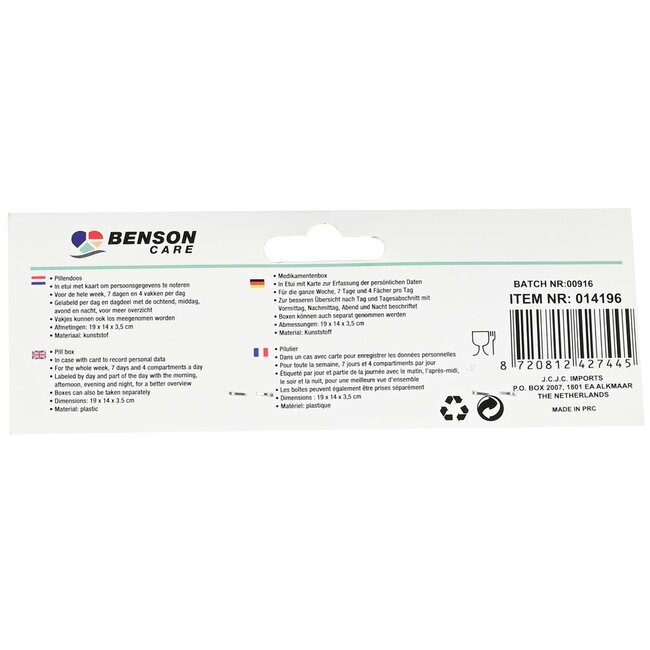 Benson Pillendoos in etui - 7 dagen - 4 vakken per dag - compact formaat - 19 x 14 x 3,5 cm