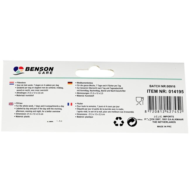 Benson Compacte pillendoos - 7 dagen - 4 vakken per dag - draagbaar en duurzaam