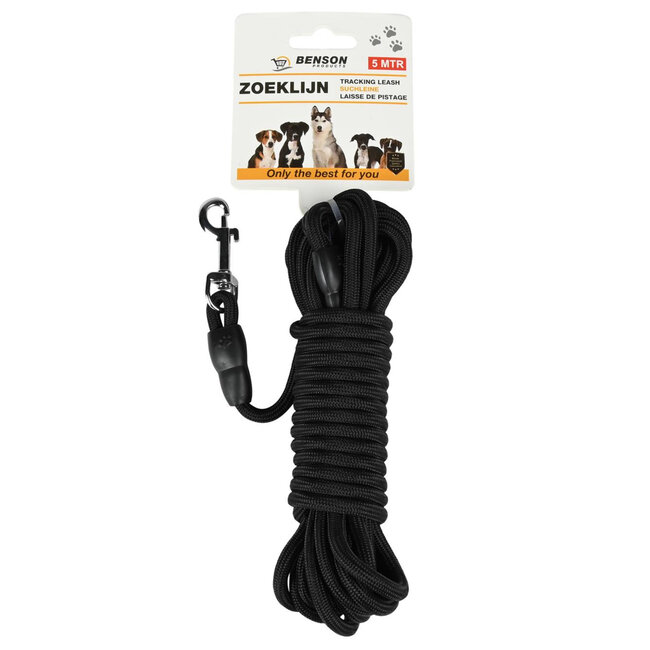 Benson Zoeklijn voor honden - nylon en metaal - 5 meter - zwart - Ø 6 mm