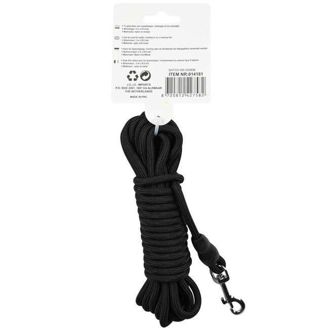 Benson Zoeklijn voor honden - nylon en metaal - 5 meter - zwart - Ø 6 mm