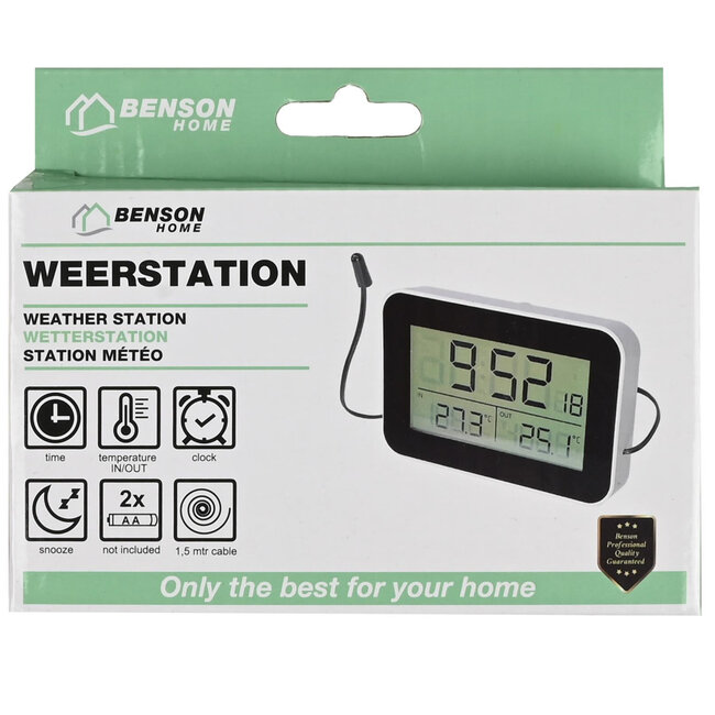 Benson Multifunctioneel weerstation - thermometer en alarmklok - 11 x 7,3 cm - binnen en buiten