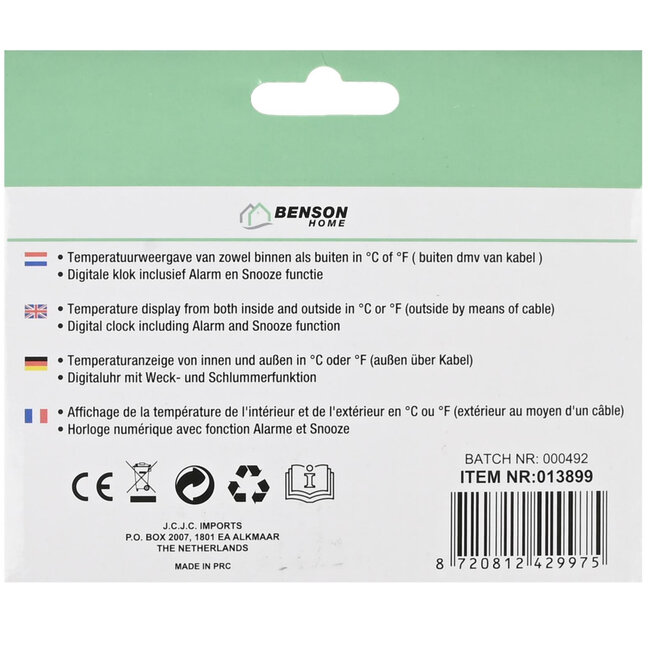 Benson Multifunctioneel weerstation - thermometer en alarmklok - 11 x 7,3 cm - binnen en buiten