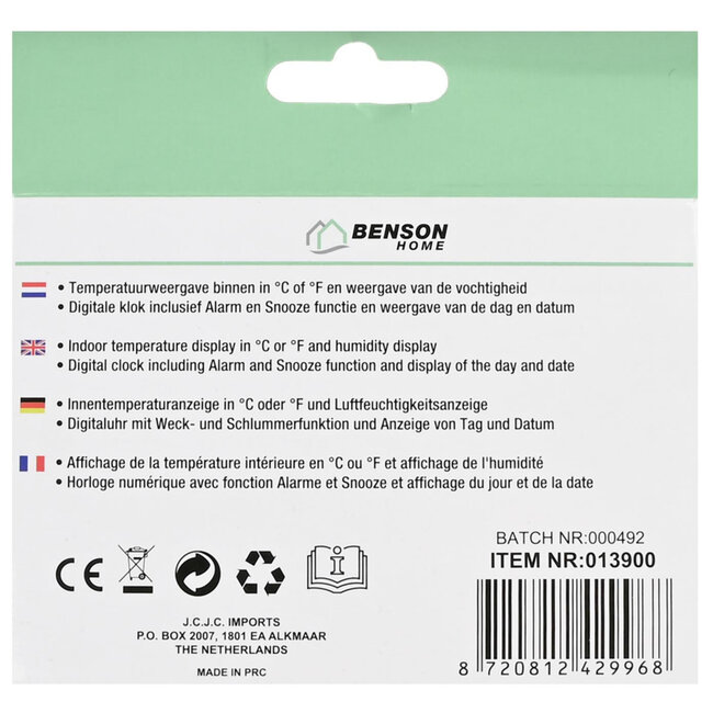 Benson Compact weerstation - thermometer en alarmklok - 11 x 7,3 cm