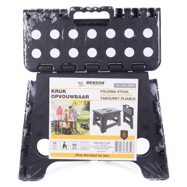 Benson Opvouwbare kruk - zwart met witte stippen - compact en draagbaar - 23 x 19 x 19 cm