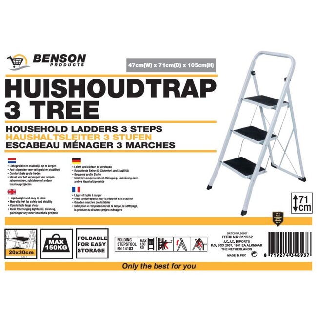 Benson Huishoudtrap - 3 treden - inklapbaar - anti-slip - maximaal 150 kg