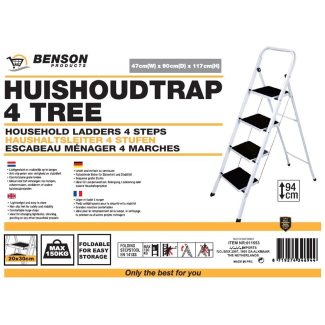 Benson Huishoudtrap - 4 treden - inklapbaar - anti-slip - draagvermogen 150 kg