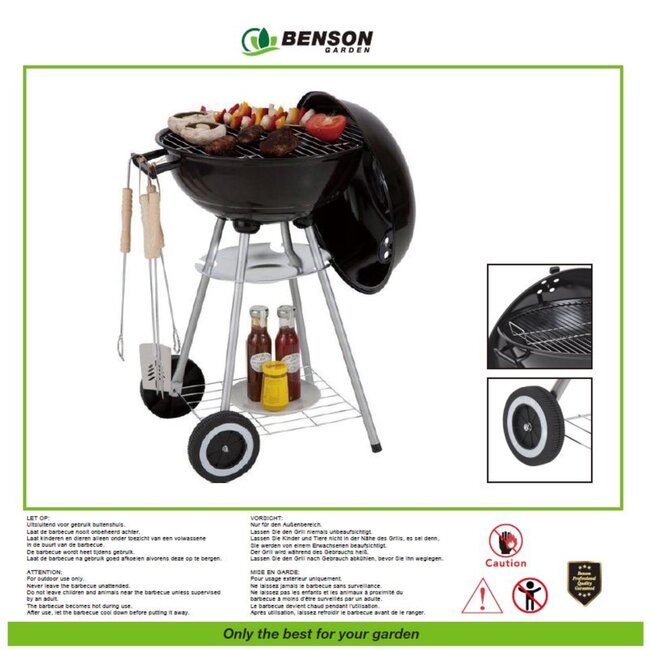 Benson Traditionele grillbarbecue - bolvormig - Ø 44 cm - zwart - met wielen