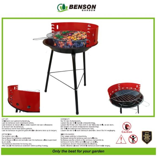 Benson Compacte grillbarbecue - Lichtgewicht - Kolen - 36 x 36 x 52 cm - Rood/Zwart