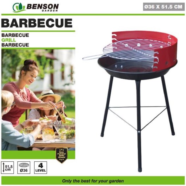 Benson Compacte grillbarbecue - Lichtgewicht - Kolen - 36 x 36 x 52 cm - Rood/Zwart