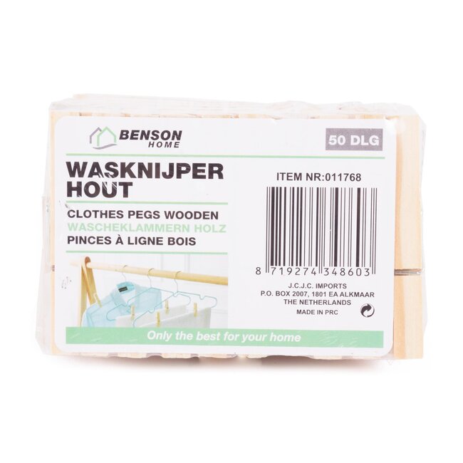 Benson Houten wasknijpers - 50 stuks - stevige roestvrije veer - berkenhout