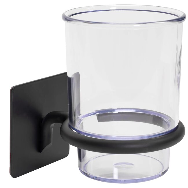 REA Wandmodel tandenborstelhouder - mat zwart - metaal en glas - 10 x 7.5 x 9.5 cm