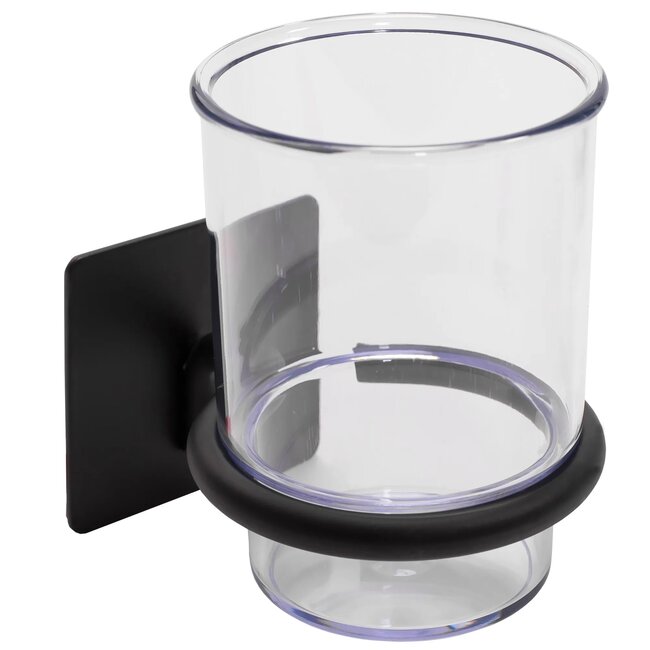 REA Wandmodel tandenborstelhouder - mat zwart - metaal en glas - 10 x 7.5 x 9.5 cm