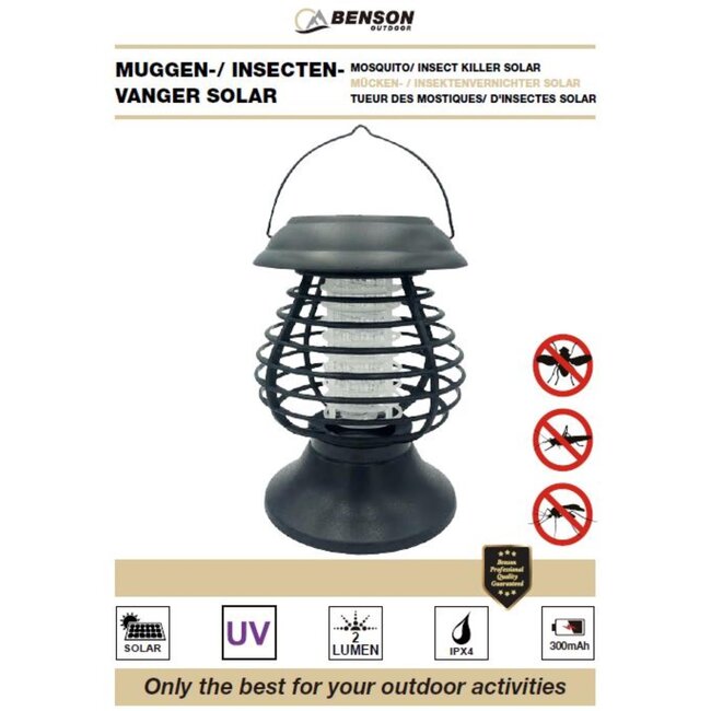 Benson Draagbare muggenlamp op zonne-energie - blauw UV-licht - binnen en buiten - 14x14x19.5 cm
