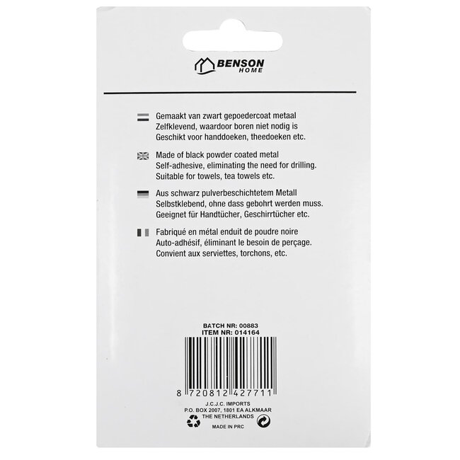 Benson Handdoekhaken - Zelfklevend - Zwart Metaal - Geen Boren - 4 Stuks