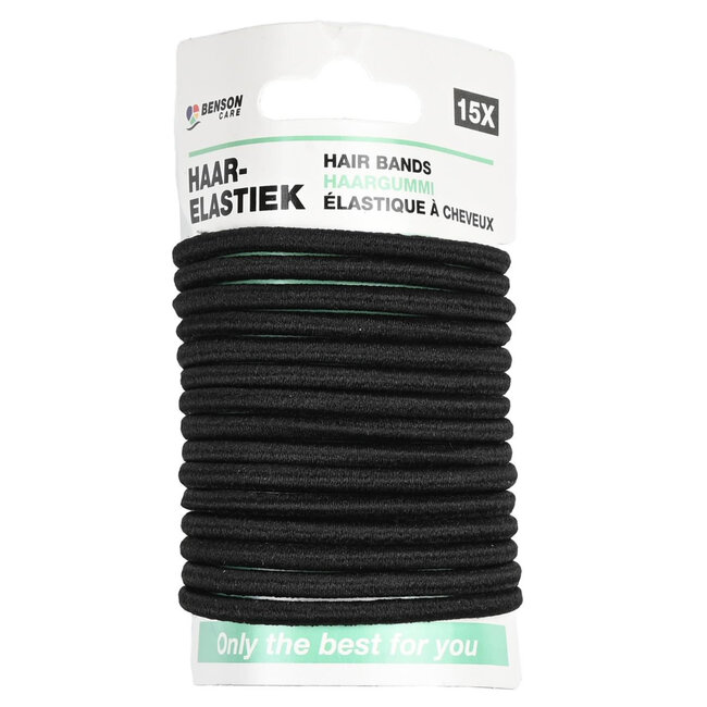 Benson Zachte haarelastiekjes zonder metaal - set van 15 - zwart - 50 mm diameter - 3 mm dikte