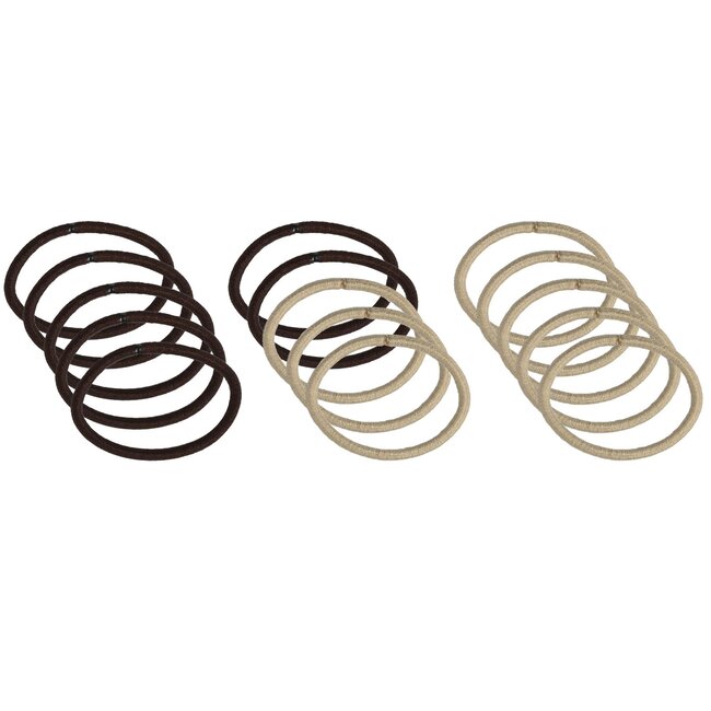 Benson Set van 15 zachte haarelastiekjes zonder metaal - 50 mm diameter - 3 mm dikte - beige/bruin