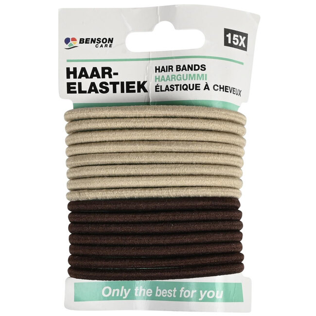 Benson Set van 15 zachte haarelastiekjes zonder metaal - 50 mm diameter - 3 mm dikte - beige/bruin