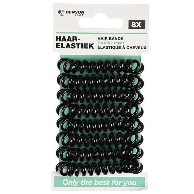 Benson Set van 8 haarelastiekjes - telefoonkabel ontwerp - zwart - 35 mm diameter - 2 mm dikte