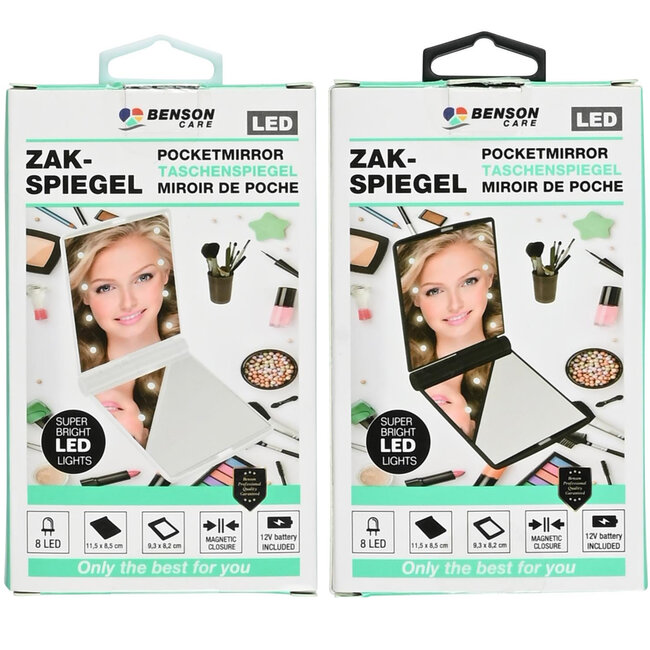 Benson Dubbelzijdige make-up spiegel - 8 LED lampjes - draagbaar en stijlvol - 11,5 x 8,5 cm