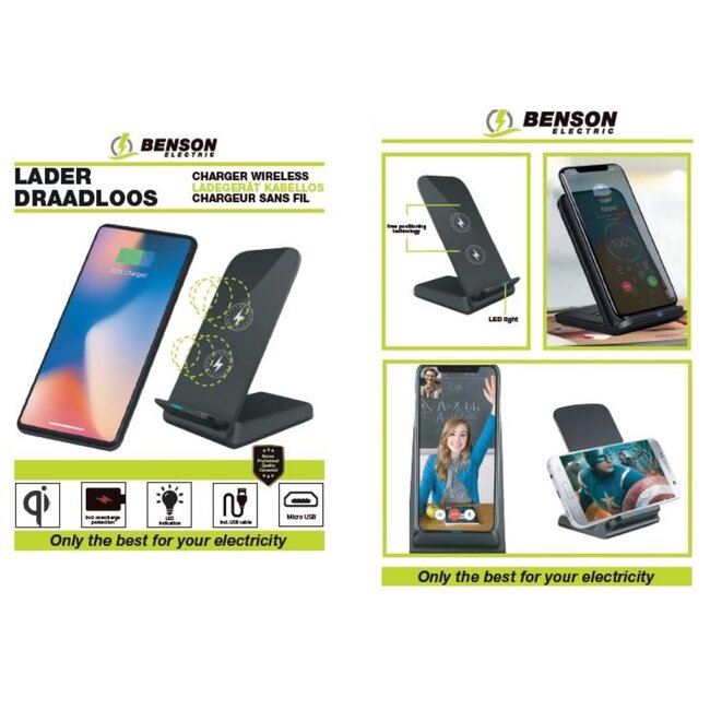 Benson Draadloze lader - Qi-compatibel - Compact ontwerp - Inclusief USB Type-C kabel - Variabele output
