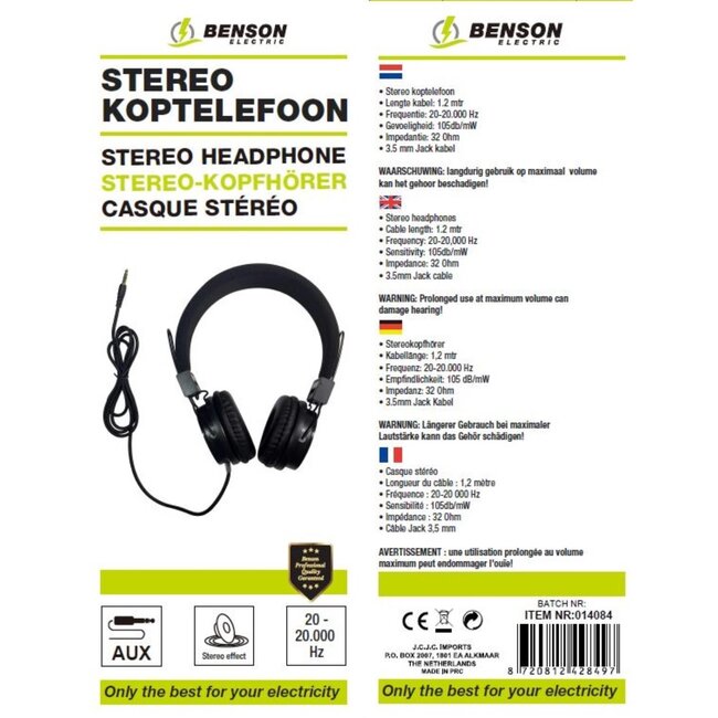 Benson Stereo koptelefoon - kristalhelder geluid - hoge gevoeligheid - duurzaam materiaal - 1,2 meter kabel