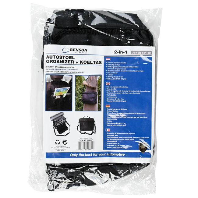 Benson Autostoel organizer met koeltas - 4 vakken - afneembare tas - 29x26x11 cm - zwart