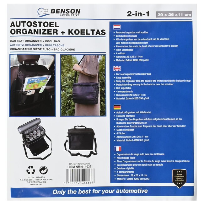 Benson Autostoel organizer met koeltas - 4 vakken - afneembare tas - 29x26x11 cm - zwart